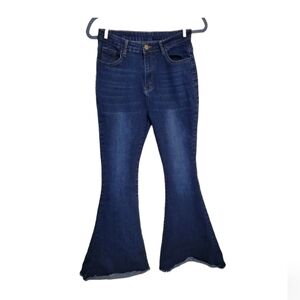 Super Wide Hippie Style Bell Bottom Jeans Dark Blue Wash Raw Edge Hem Size L